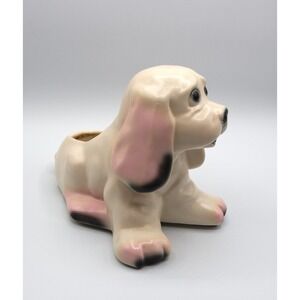 Vintage Ceramic Puppy Dog Planter Pink Black Spaniel Hound Mid Century Kitsch